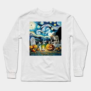 Night at the Cemetery with Skeleton and Pumpkin: Halloween in the style of Van Gogh Long Sleeve T-Shirt